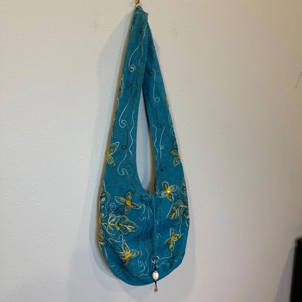 Rising International Hobo Bag Women Teal Embroidered Floral Boho Nepal Hippie